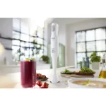 Philips HR2531/01 Promix Hand Blender in white with ergonomic handle and blending attachments.