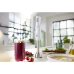 Philips Daily Collection Promix Hand Blender HR2535/01 in white, showing its ergonomic design and blending features