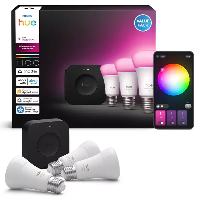 Philips Hue 929003853508 - Starter Kit: Bridge Pro + 3 E27 Smart Bulbs